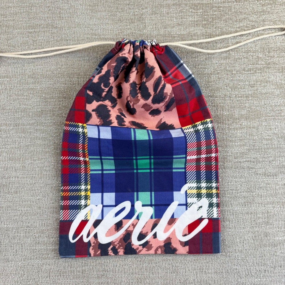Aerie Patchwork Drawstring Pouch Lingerie Bag Leopard Plaid Print Small Travel